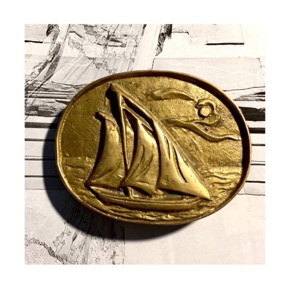 Vintage Hand Tooled Brass Sailboat Belt Buckle - Picture 1 of 5